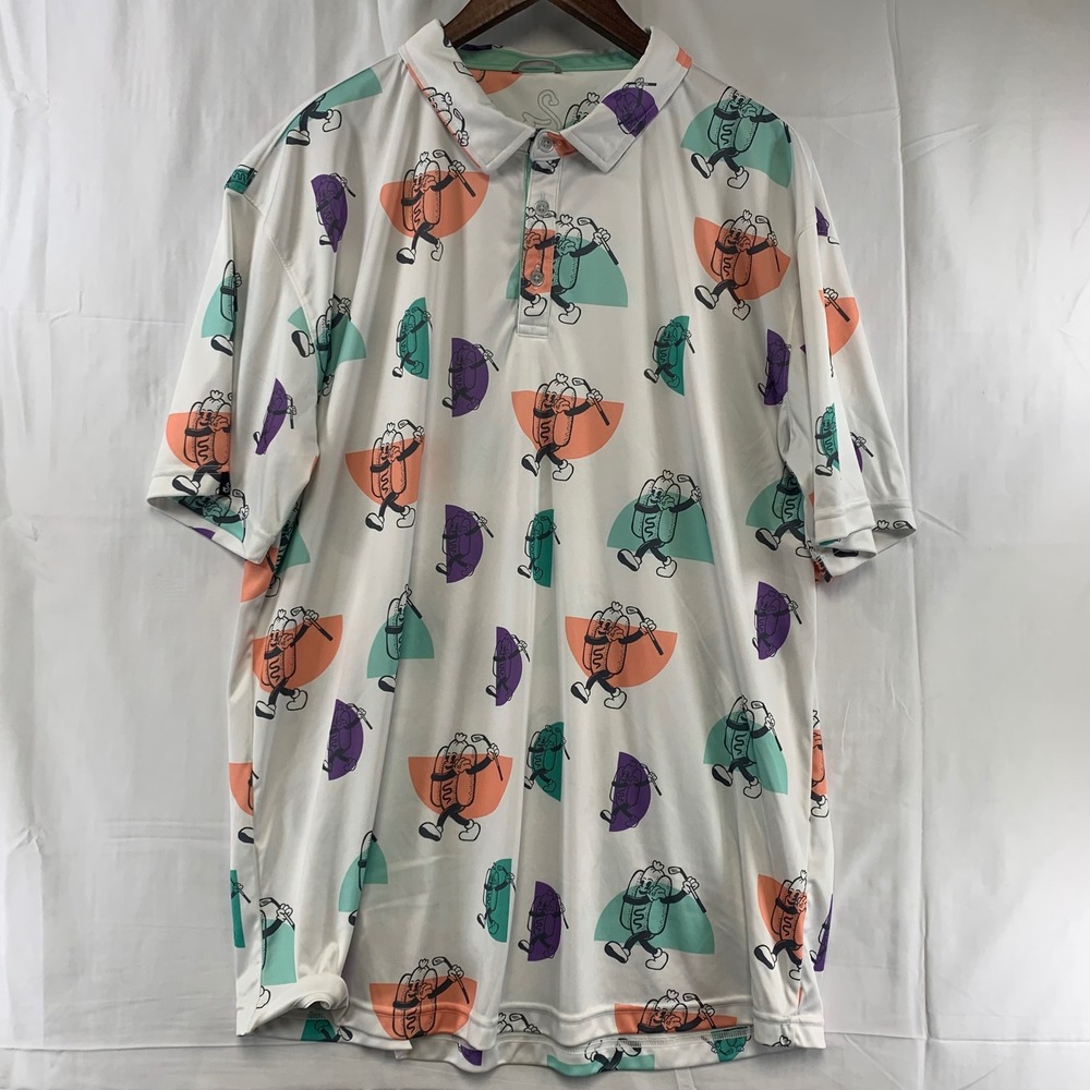 Swannies Polo Shirt Mens 2XL White Hot Dog Golf Graphic Short Sleeve Performance